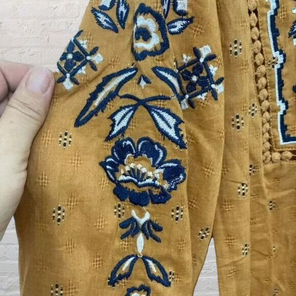Dressbarn L Mustard Boho Embroidered Peasant Blouse Tassel - Picture 9 of 11